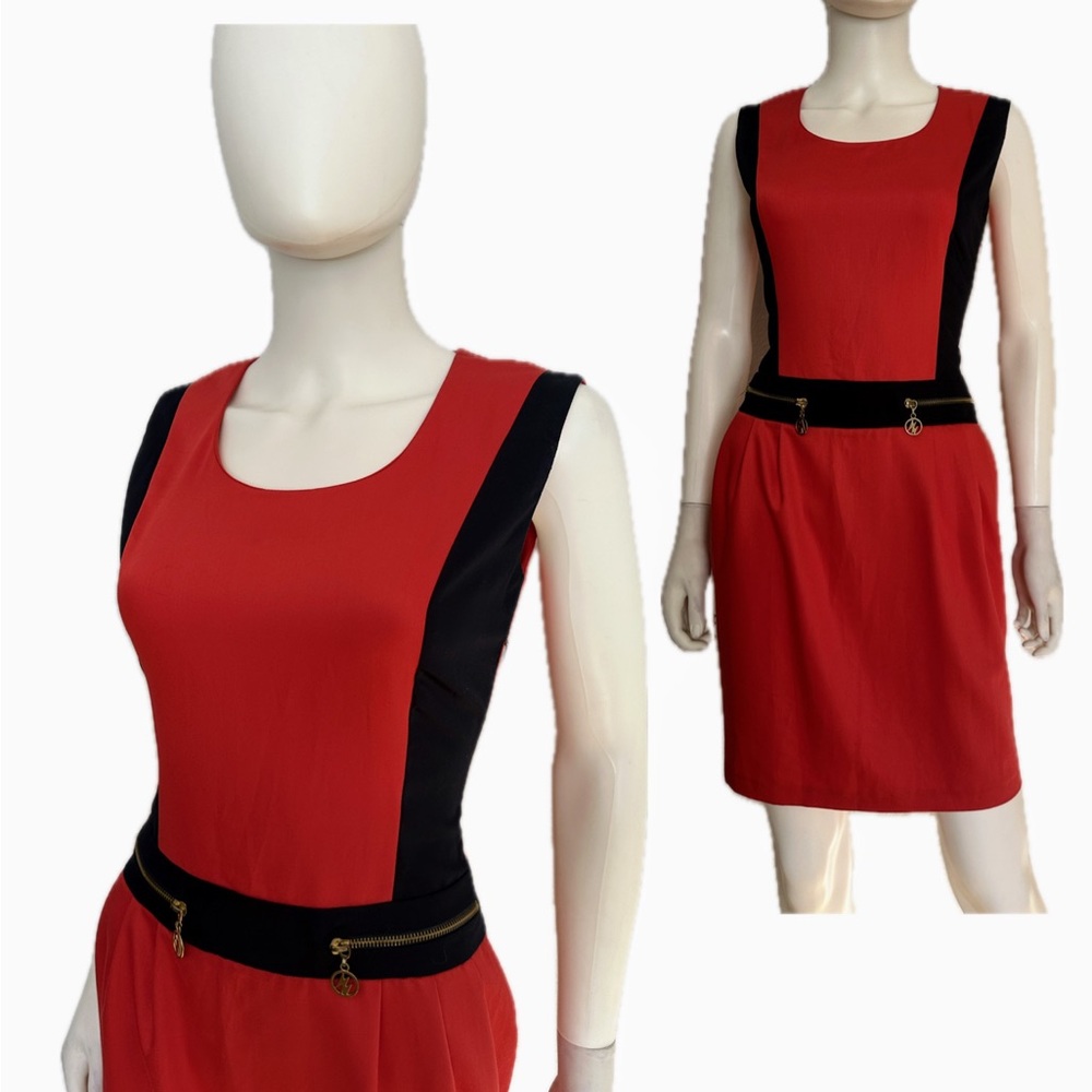 NWOT SLEEVELESS ROUND NECK DRESS TWO-TONE COTTON BLEND ZIPPER DETAIL KNEE-LENGTH
